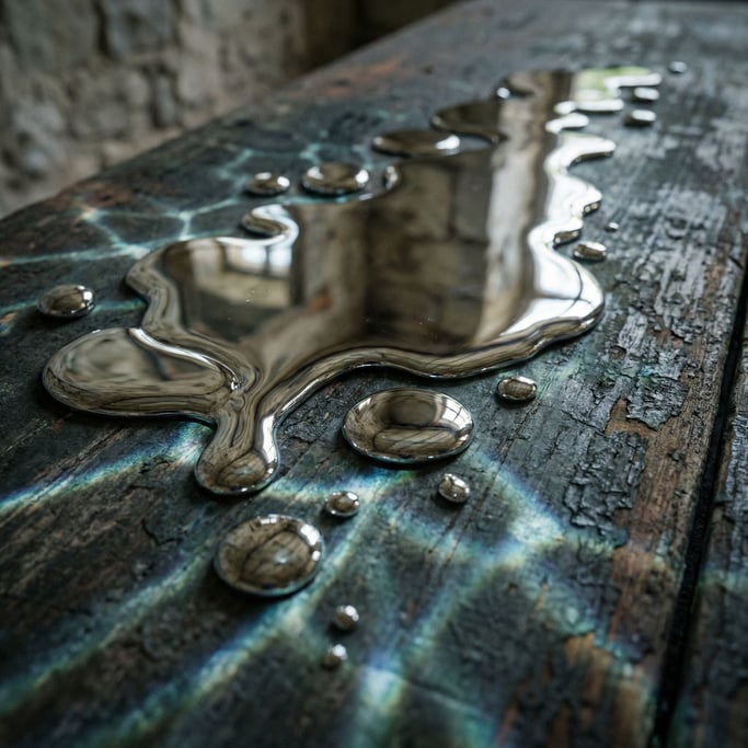 A pool of spilled mercury on a dark surface, liquid metal reflecting the room in a convex mirror