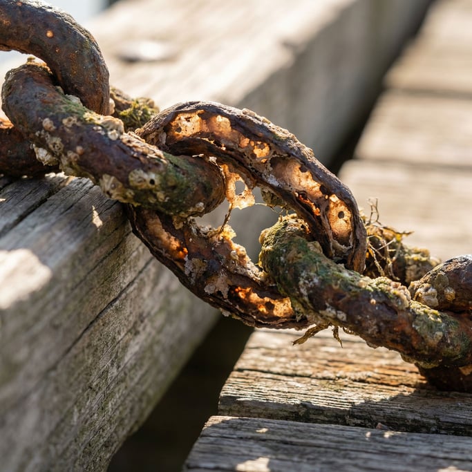 Rusted chain links on a dock, salt corrosion and marine growth, coastal decay
