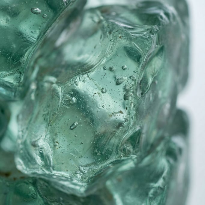 Melted and re-solidified glass, smooth bulges and trapped air bubbles, green-tinged