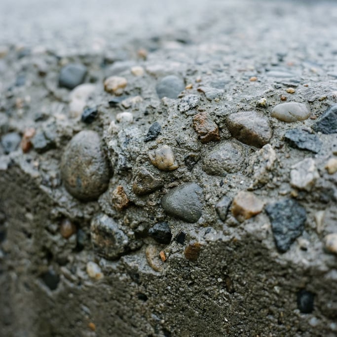 Detail photograph of Raw concrete with exposed aggregate, stones and pebbles set in gray cement (pyqdhyng)