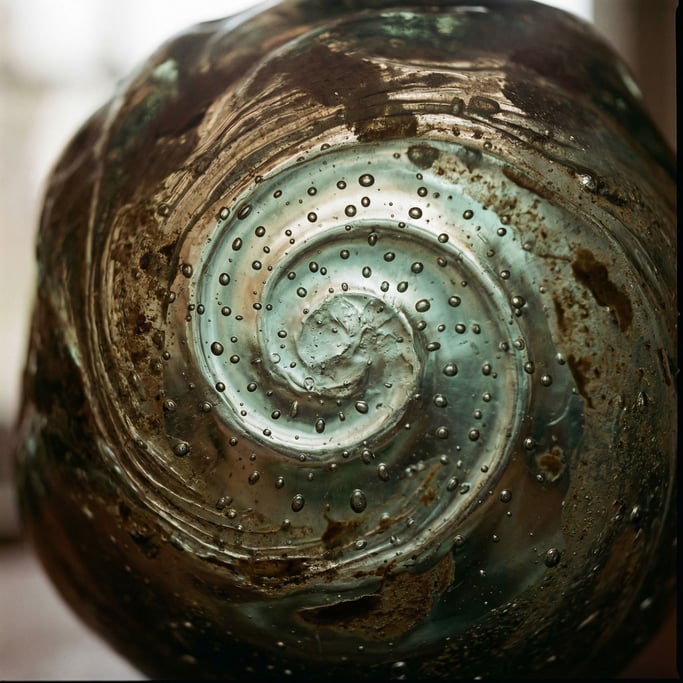 Detail photograph of Handblown glass with trapped air bubbles in a spiral pattern, aquamarine tint (pngkuot8)