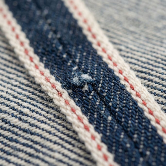 Raw denim fabric macro, indigo threads against white weft, visible selvedge edge