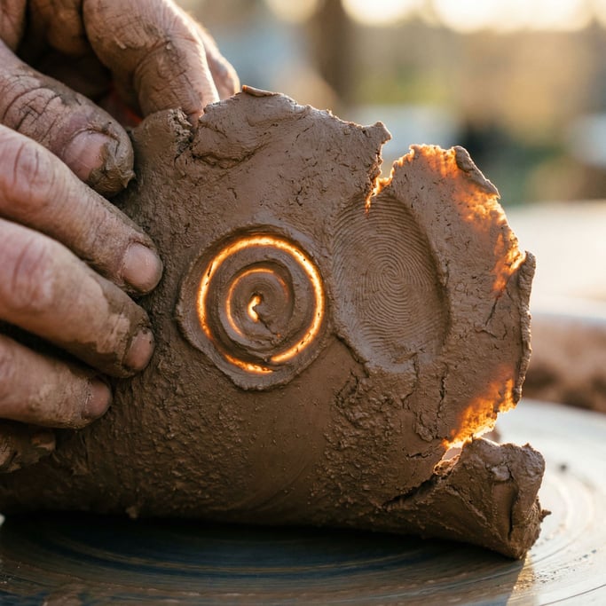 Wet clay being shaped on a wheel, fingerprints and spiral marks in the surface