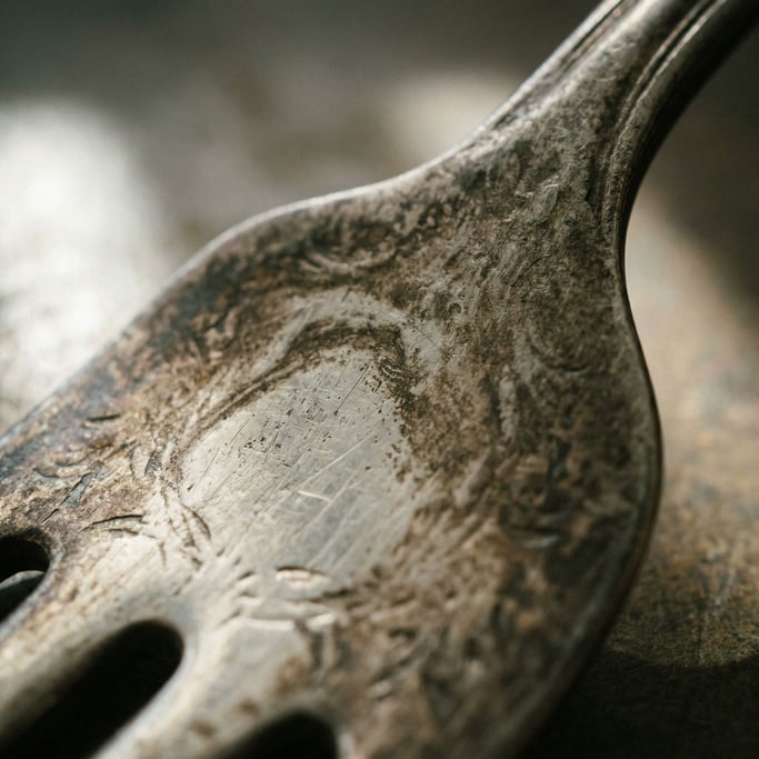 Extreme close-up of Tarnished silver flatware surface