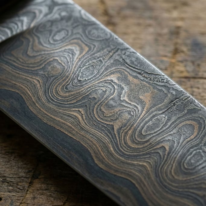 Detail photograph of Hand-forged Damascus steel blade pattern, wavy layers of folded metal (cqsuhx0e)