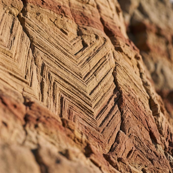 Detail photograph of Layered sandstone cliff face, bands of color from millions of years of sediment