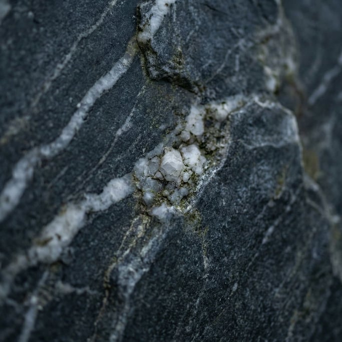 Extreme close-up of Polished dark granite with veins of white quartz running through, cool and heavy (bqnf9pda)