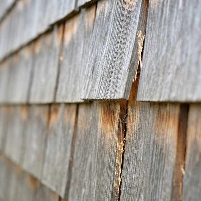 Extreme close-up of Cedar wood shingle wall weathered to silver-gray