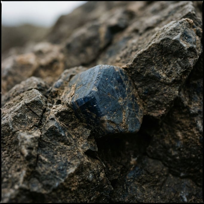 Detail photograph of Raw uncut sapphire crystal embedded in host rock (shvgc0l)