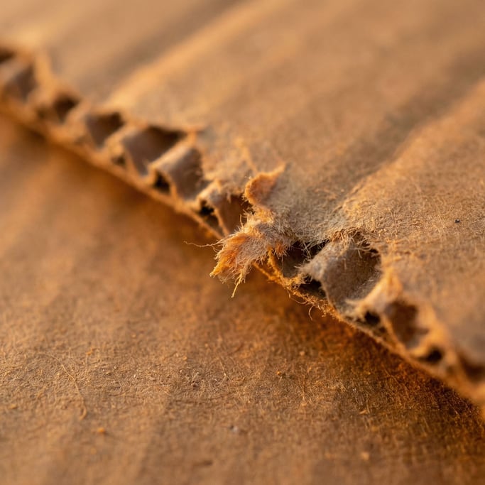 Extreme close-up of Torn cardboard edge revealing corrugated inner layers, brown kraft paper texture