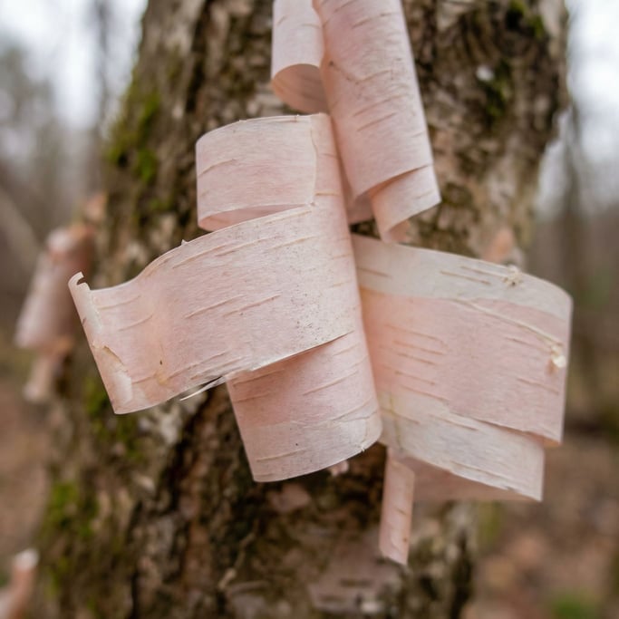 Extreme close-up of Peeling birch bark, paper-thin layers curling away from the trunk (aiadmdwf)