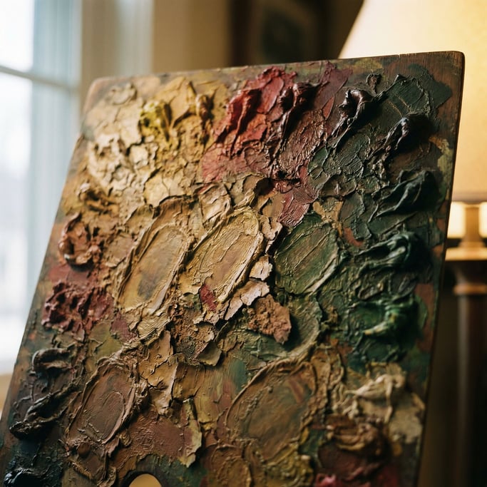 Detail photograph of Dried paint on a palette, thick impasto ridges and valleys of mixed pigment (kutgbdin)