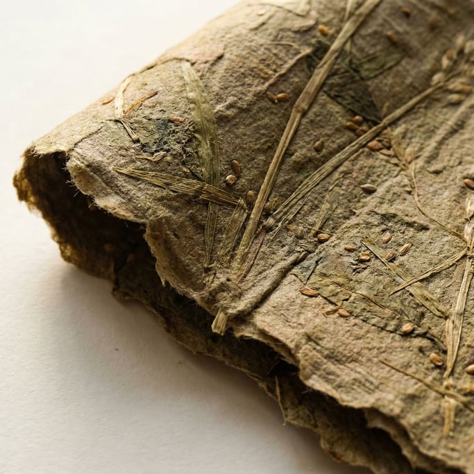 Detail photograph of Rough handmade paper with visible plant fibers and seeds embedded in the pulp