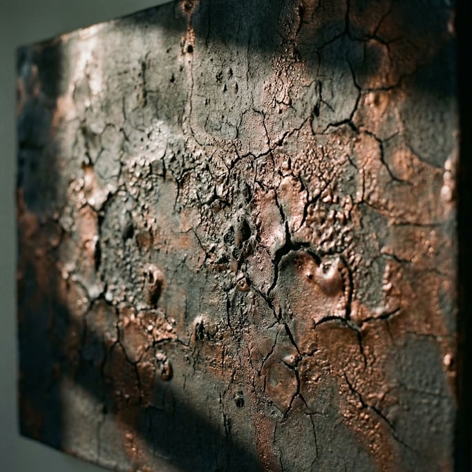 Ceramic raku glaze, metallic copper reduction over black clay body, crackle pattern