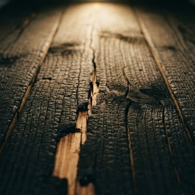 Charred wood surface, blackened grain pattern with cracks revealing raw material beneath