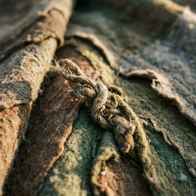 Felted wool surface, fibers interlocked and matted, soft undulating hills in macro