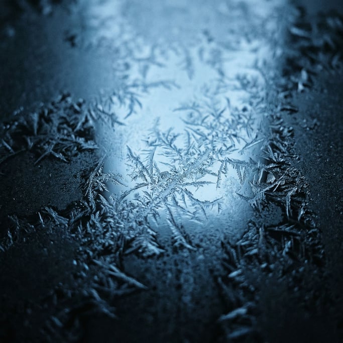 Frost crystals forming on dark glass, intricate branches backlit by cold blue light
