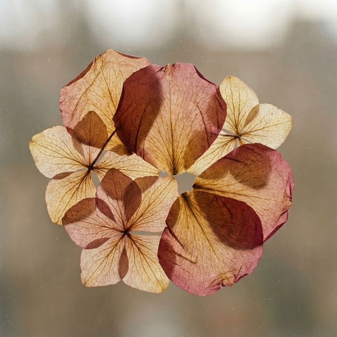 Extreme close-up of Dried flower petals pressed flat, translucent veins visible in transmitted light