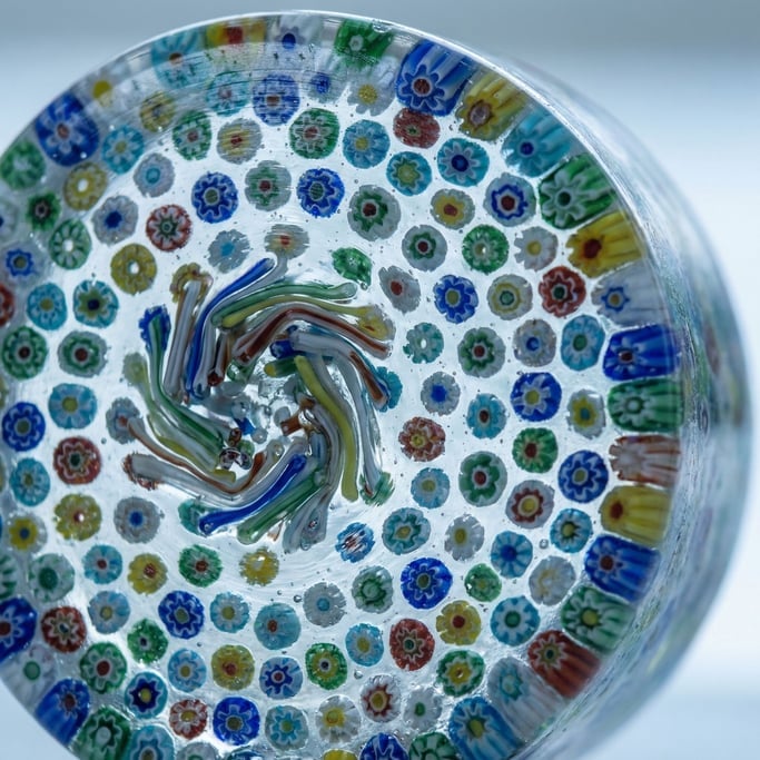 Murano glass millefiori cross-section, hundreds of tiny colored flowers in a glass matrix
