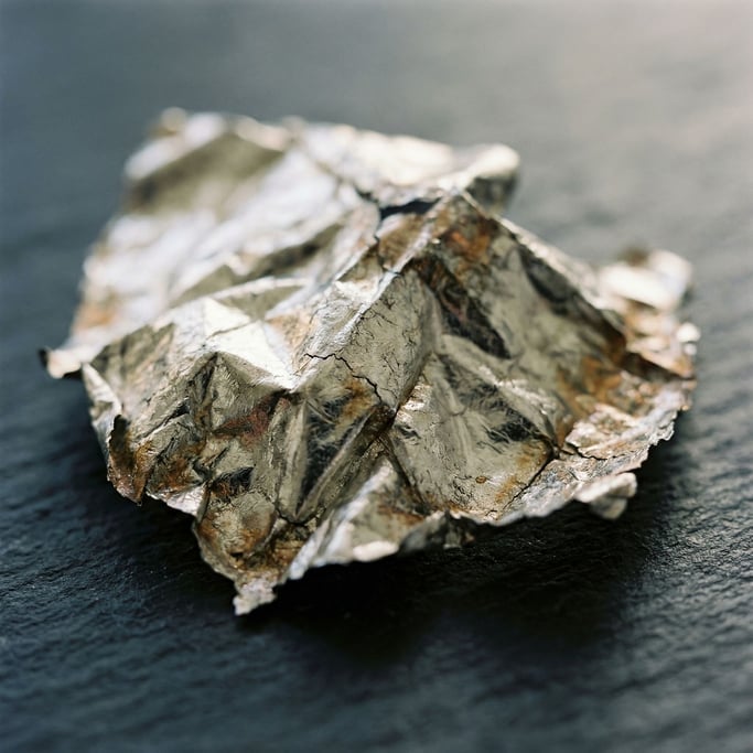Extreme close-up of Crumpled silver leaf on a matte dark surface, fragile and luminous (ycbx0z)