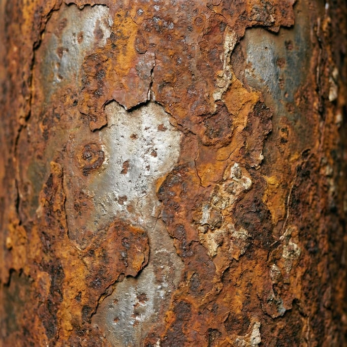 Rust forming on industrial steel, layers of corrosion over bare metal, textured and raw