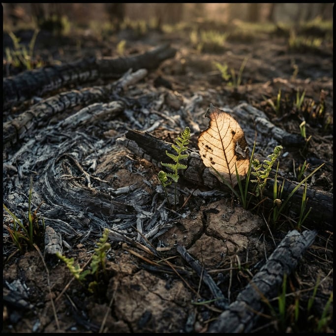 Detail photograph of Scorched earth after a controlled burn