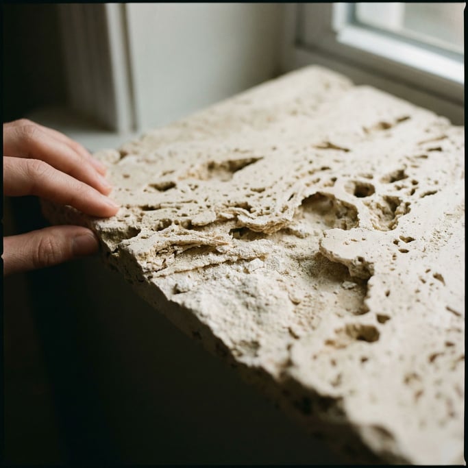 Detail photograph of Raw travertine limestone with natural voids and layered mineral deposits
