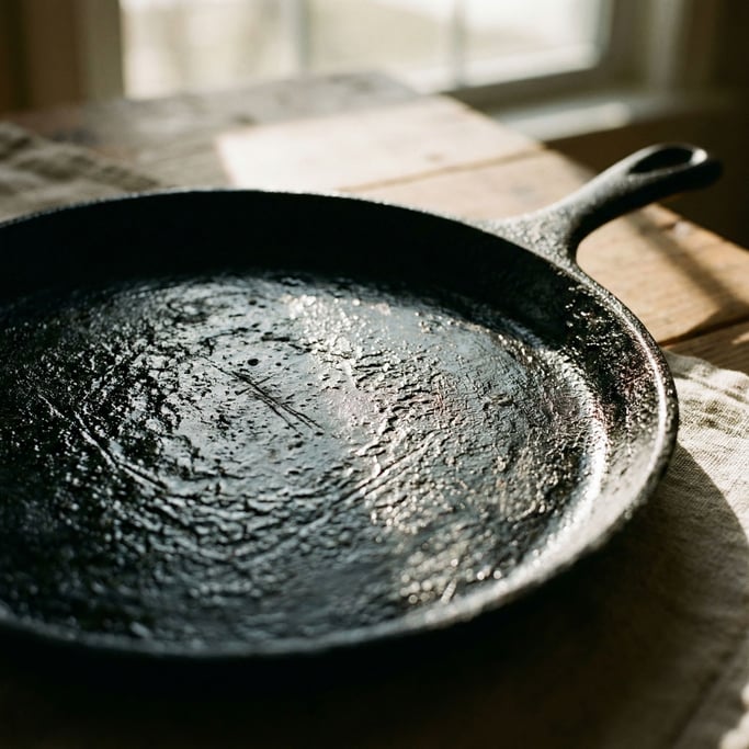 Detail photograph of Cast iron skillet surface, decades of seasoning creating a glossy black patina (x5iecmoe)
