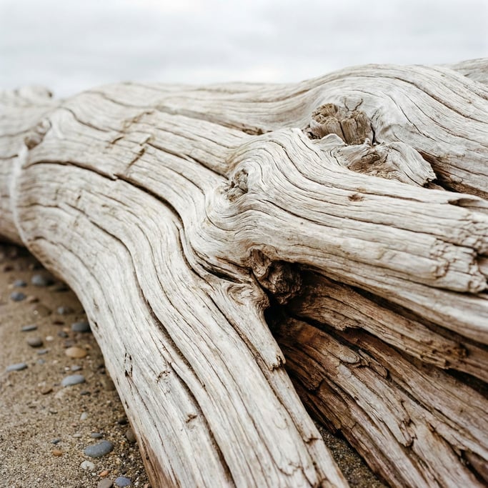 Detail photograph of Sun-bleached driftwood grain, salt-worn smooth