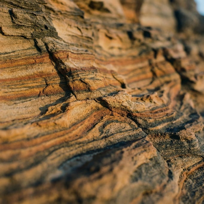Extreme close-up of Layered sandstone cliff face, bands of color from millions of years of sediment (jhdhy)