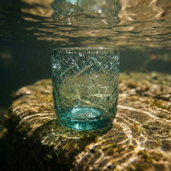 Detail photograph of Handblown glass with trapped air bubbles in a spiral pattern, aquamarine tint