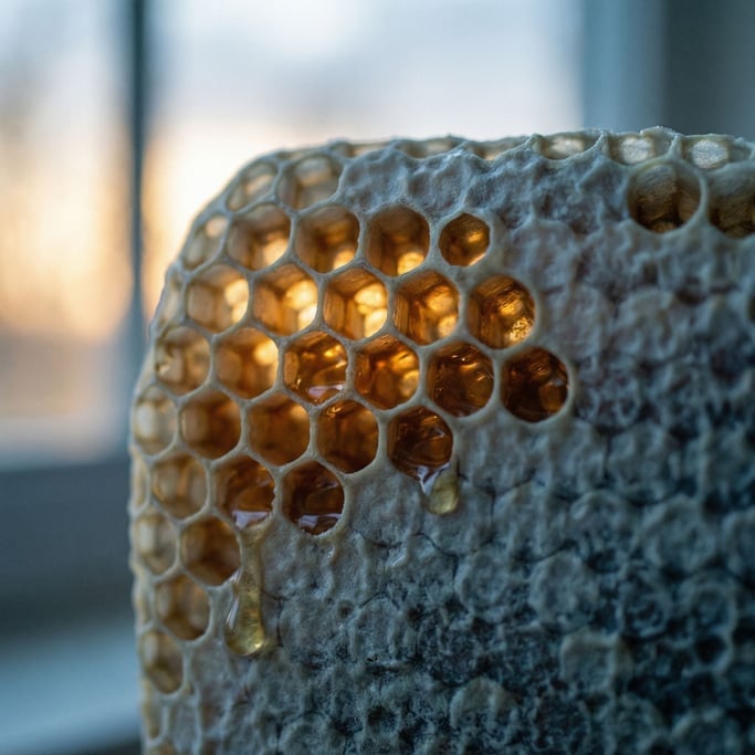 Extreme close-up of Beeswax honeycomb, hexagonal cells catching warm backlight