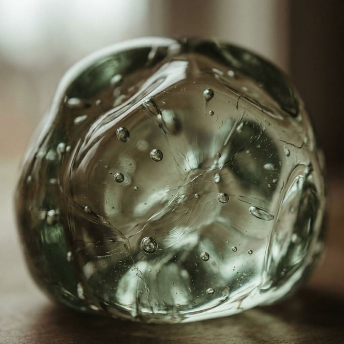 Detail photograph of Melted and re-solidified glass, smooth bulges and trapped air bubbles