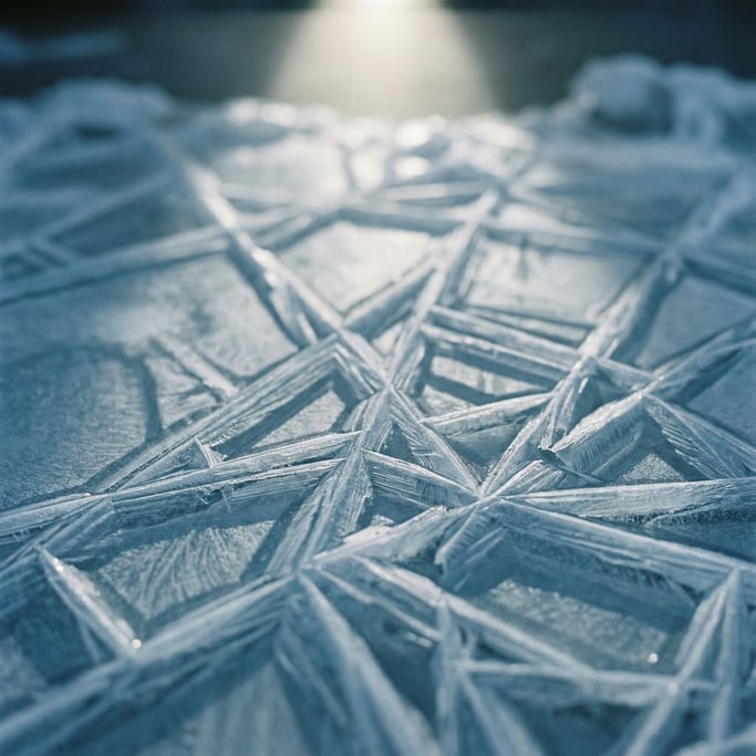Extreme close-up of Ice sheet cracking, blue-white fracture lines across a frozen surface (xltptg)