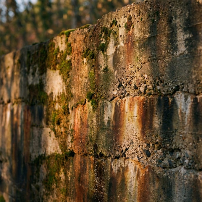 Detail photograph of Old concrete wall with water stains, moss growth, and mineral deposits
