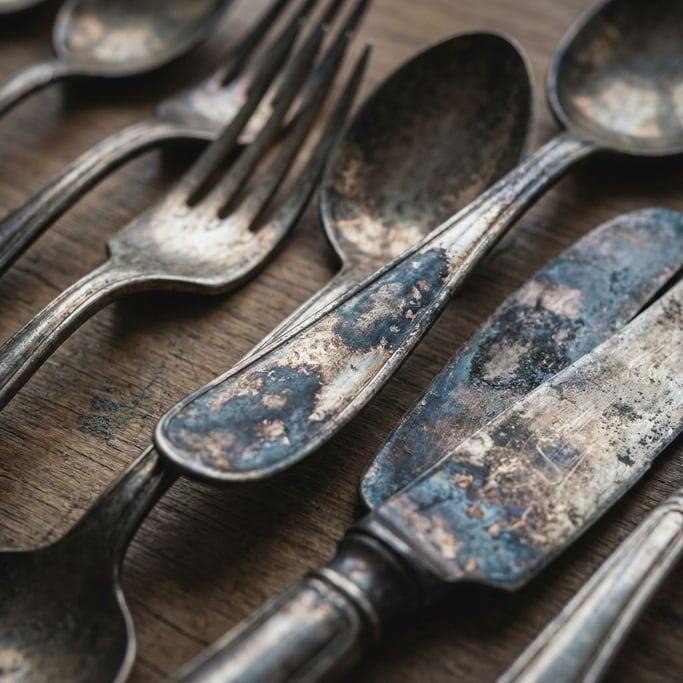 Detail photograph of Tarnished silver flatware surface
