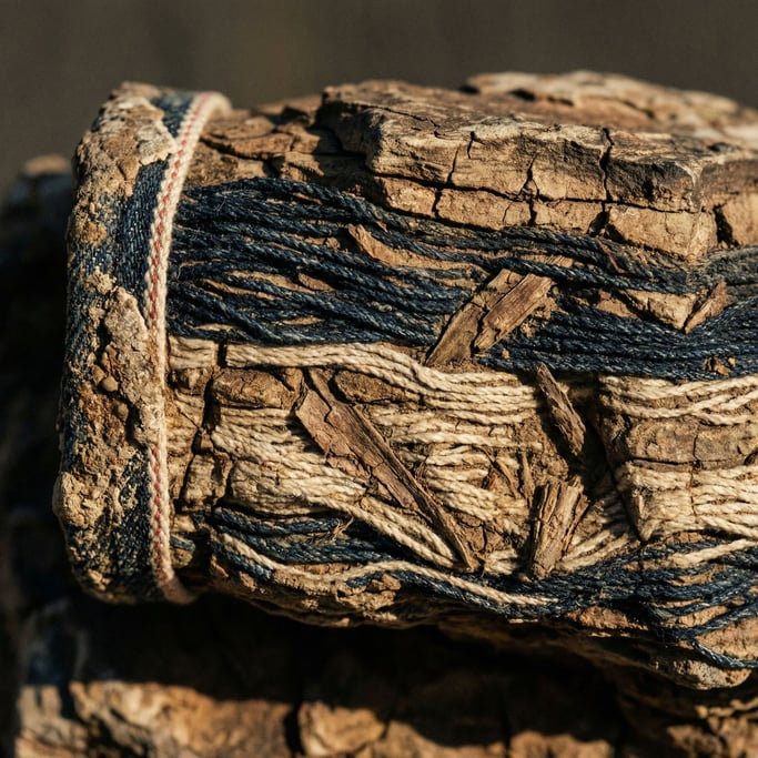 Detail photograph of Raw denim fabric macro, indigo threads against white weft