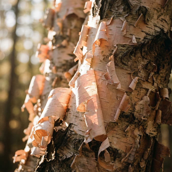 Detail photograph of Peeling birch bark, paper-thin layers curling away from the trunk