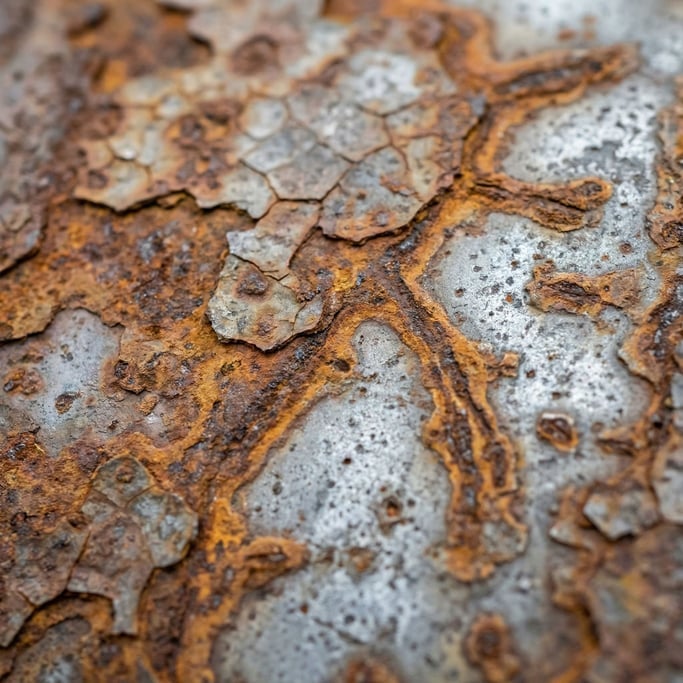 Extreme close-up of Rust forming on industrial steel, layers of corrosion over bare metal (gpaiiz54)