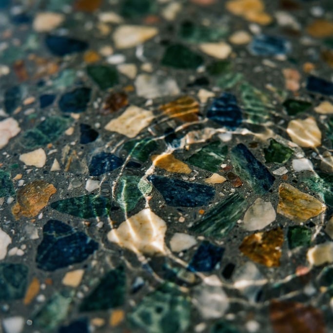 Extreme close-up of Terrazzo floor in macro, polished fragments of marble and glass in cement matrix