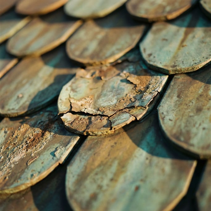 Detail photograph of Weathered copper roof tiles (vbpujv6)