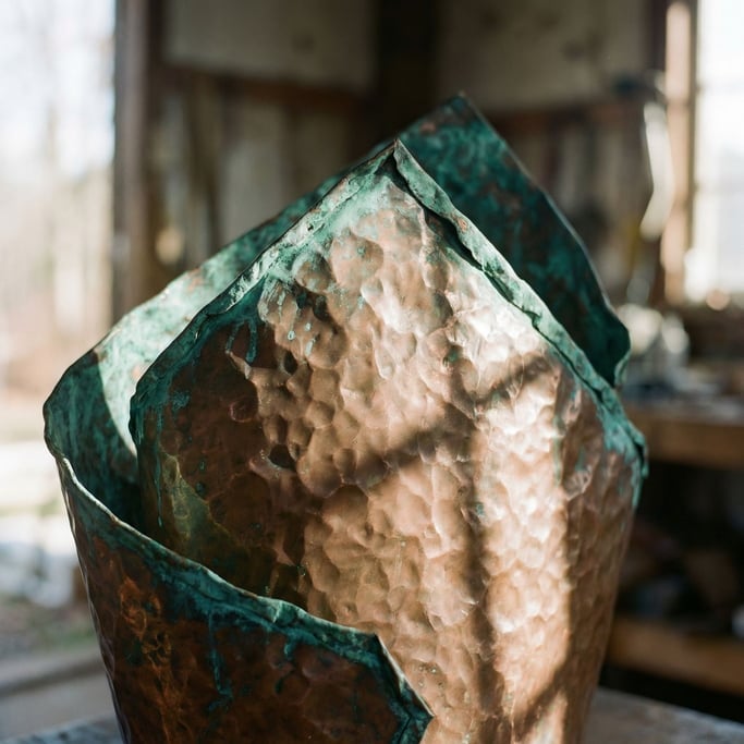Hammered copper sheet with dents and oxidation turning green at the edges