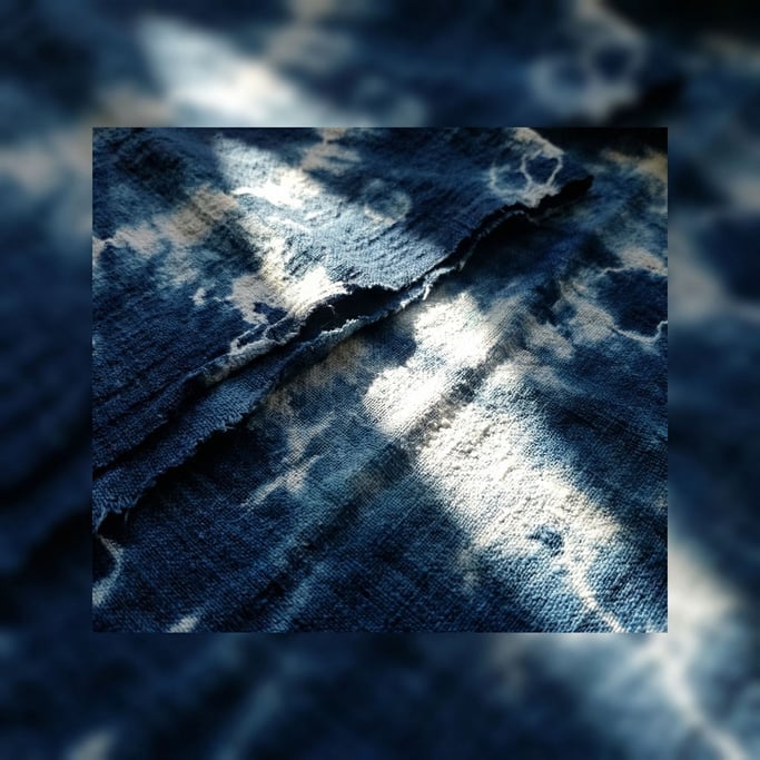 Extreme close-up of Shibori-dyed indigo fabric