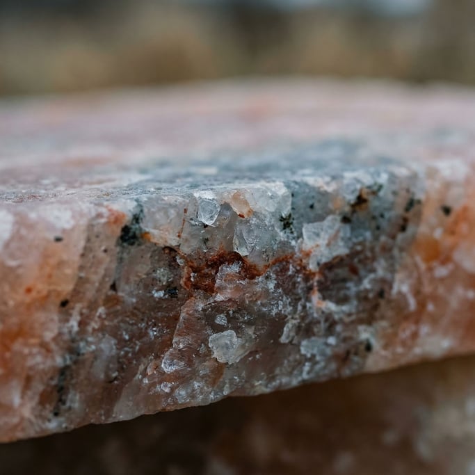 A slab of pink Himalayan salt in macro, crystalline structure and mineral inclusions