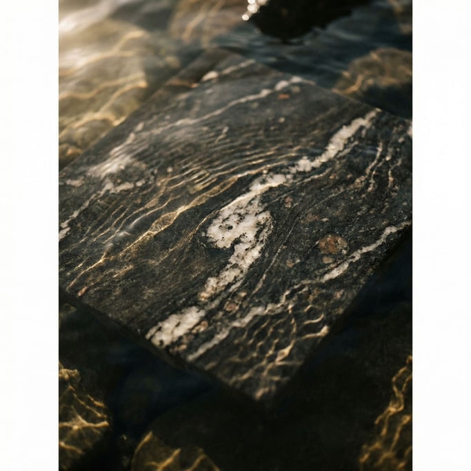 Detail photograph of Polished dark granite with veins of white quartz running through