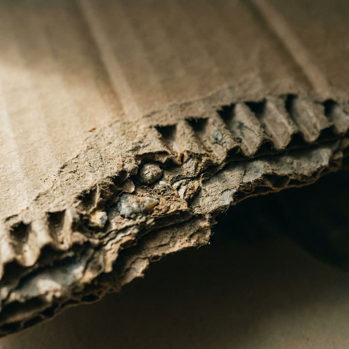 Detail photograph of Torn cardboard edge revealing corrugated inner layers