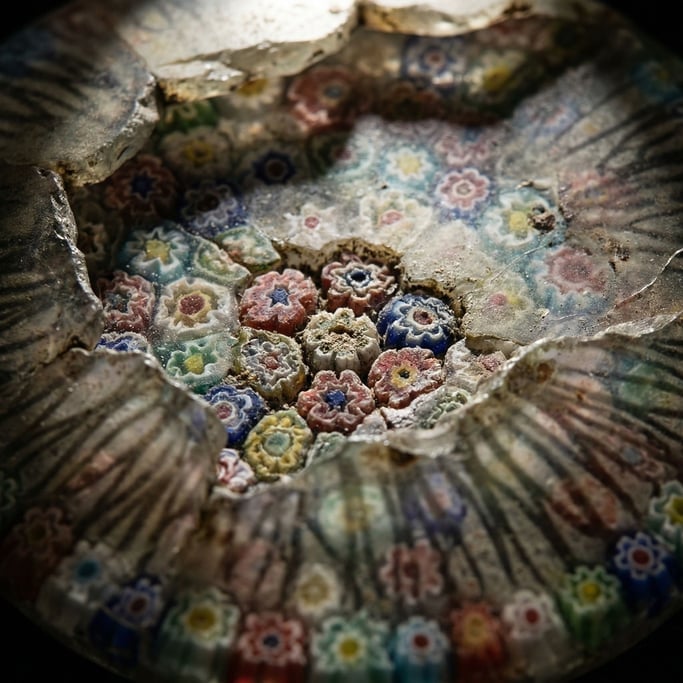 Murano glass millefiori cross-section, hundreds of tiny colored flowers in a glass matrix (tzlbsngz)