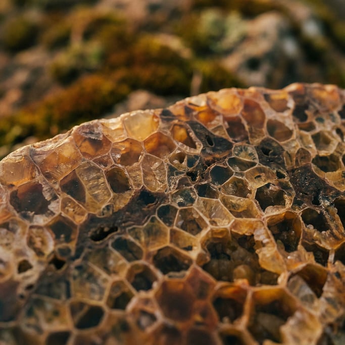 Detail photograph of Dinosaur bone fossil in macro, mineralized cell structure visible