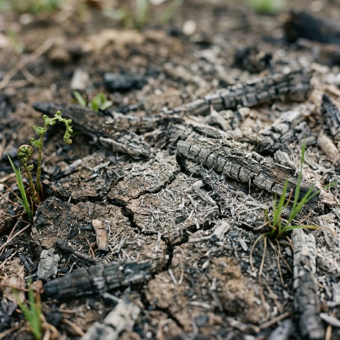 Extreme close-up of Scorched earth after a controlled burn