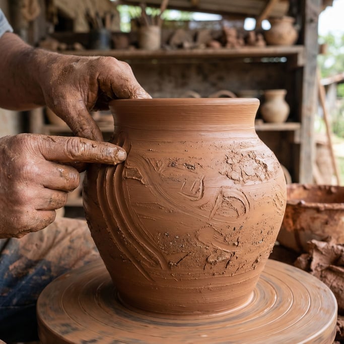 Detail photograph of Wet clay being shaped on a wheel, fingerprints and spiral marks in the surface